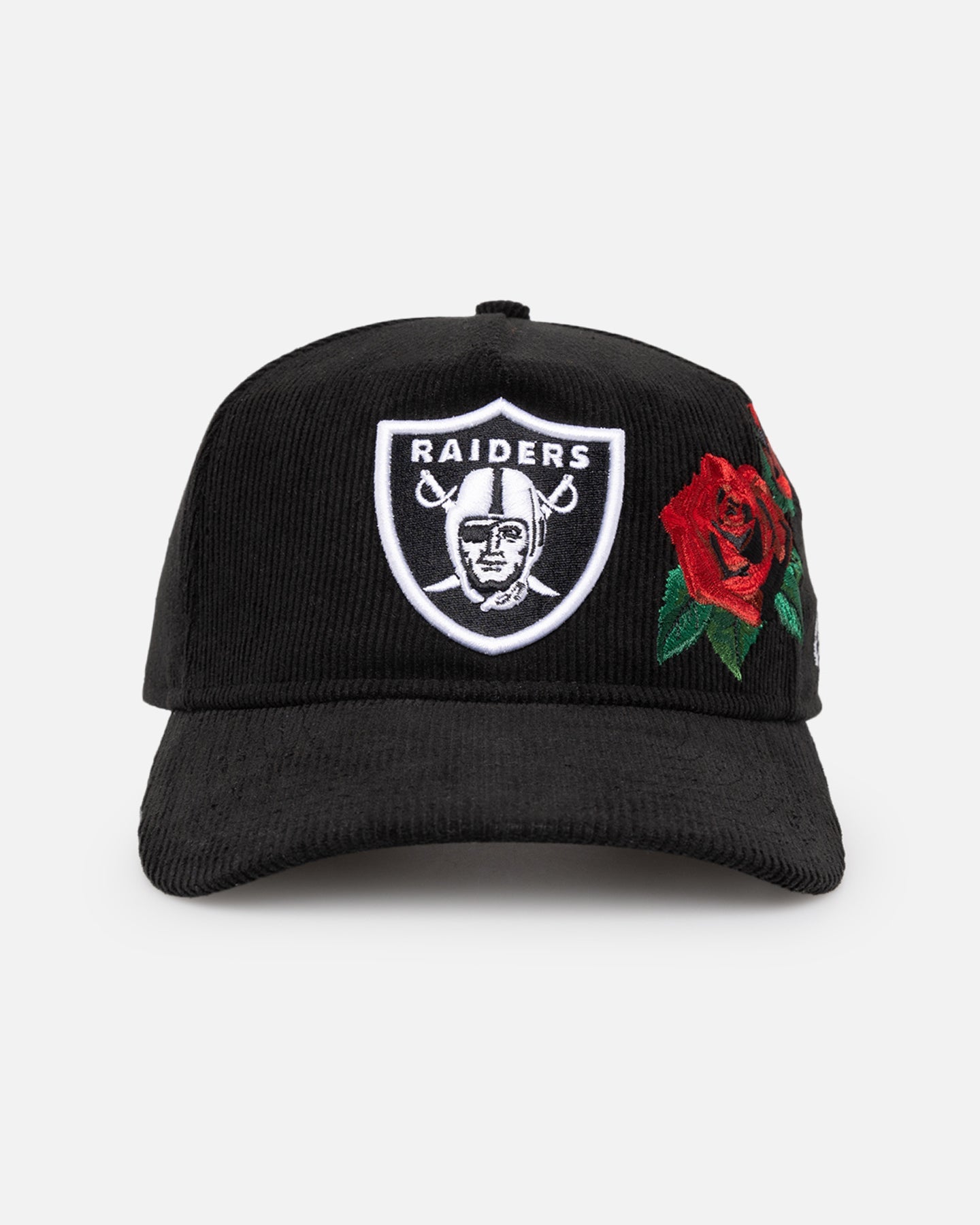 New Era Las Vegas Raiders 'Corduroy Roses' Golfer Pre-Curved Snapback Black Corduroy/White