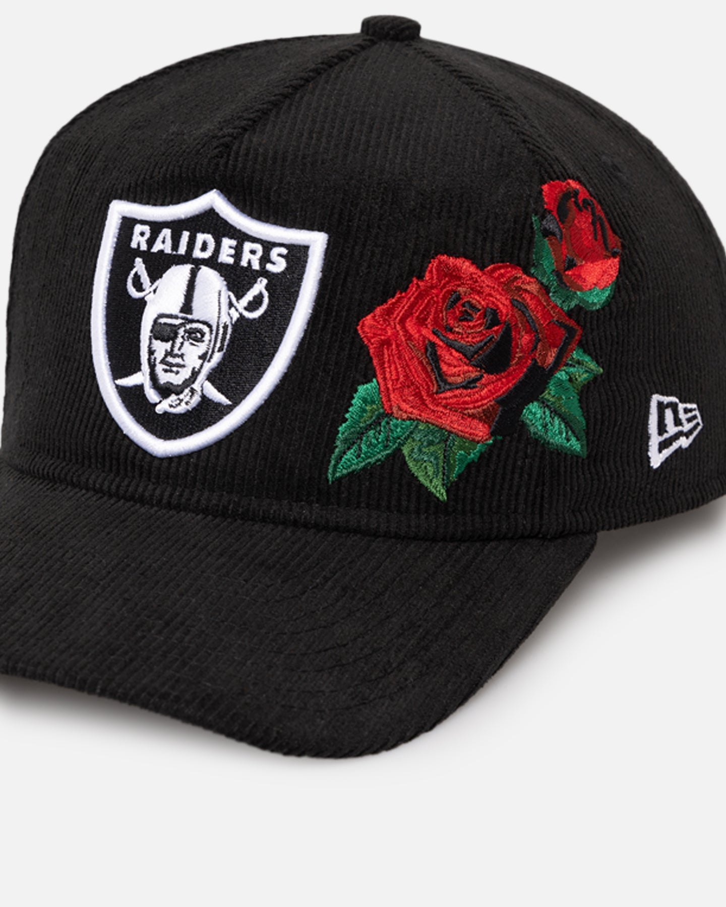 New Era Las Vegas Raiders 'Corduroy Roses' Golfer Pre-Curved Snapback Black Corduroy/White